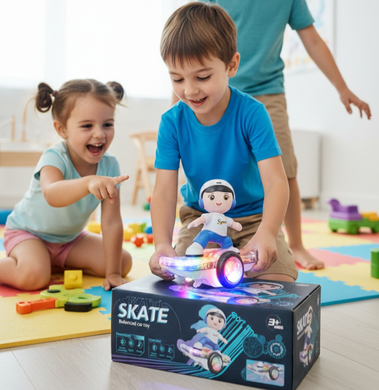 SKATE Balanced Car Toy for Kids – 360° Rotating Stunt Scooter with Music & Colorful LED Lights (3+ Ages)