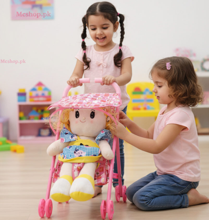 Premium My First Baby Doll with Foldable Pink Toy Stroller Set for Girls – Perfect Gift for Pretend Play | Mcshop.pk
